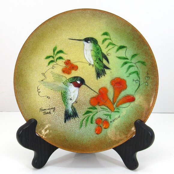 M. Ratcliff Enamel on Copper Collector Plate Double Humming Birds 7" No Stand - Picture 1 of 7